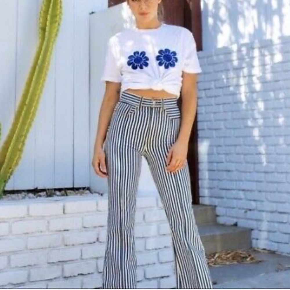 REVICE Black and White Striped Wide Leg Jeans